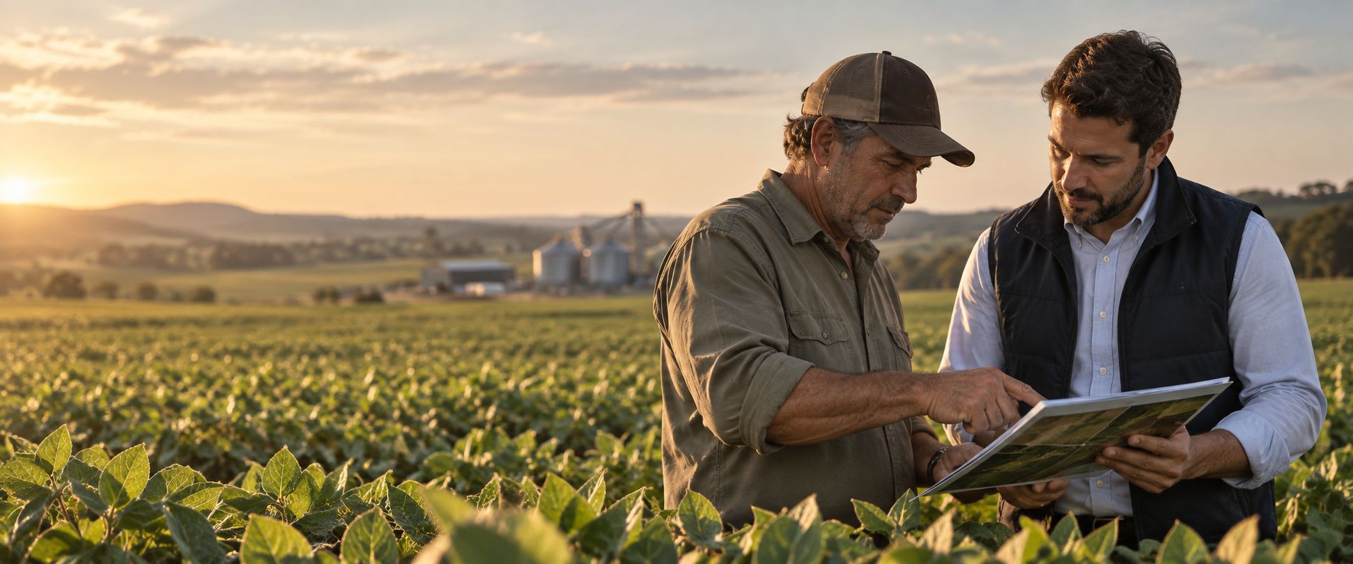 Cena ilustrativa de um produtor rural e um assessor conversando em uma lavoura