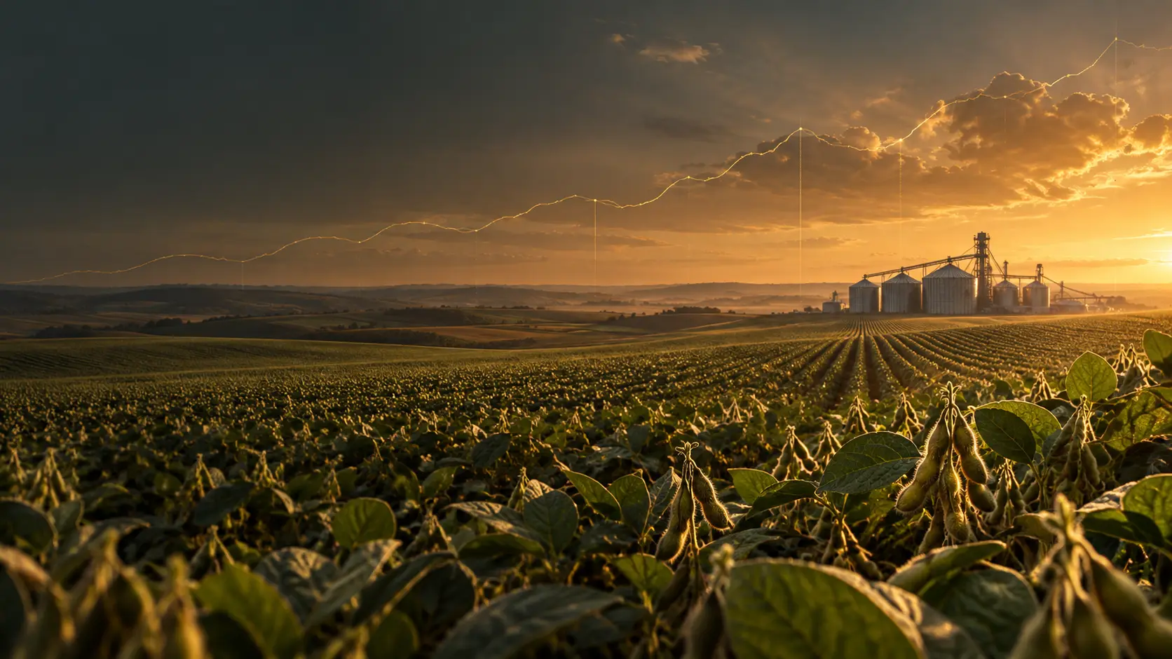 Lavoura de soja e silos ao pôr do sol